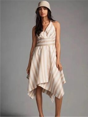 Maeve Anthropologie Striped Halter Handkerchief Hem Dress in Beige and White 6